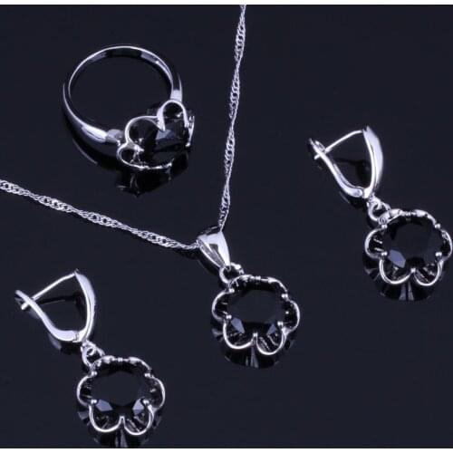 Romantic Round Black Cubic Zirconia Silver Plated Jewelry Sets Earrings Pendant Chain Ring V0982