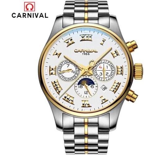 Luxury Carnival Moon Phase Waterproof watch men Sapphire silver Stainless Steel Automatic machine watch relogio masculino