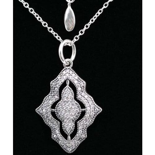 S925 Sterling Silver Necklace for Women Sparkling Lace Pendant Necklace Clear CZ Pave Crystals fit Lady Jewelry