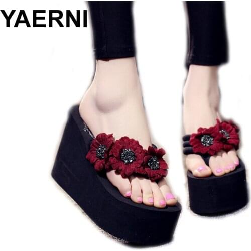YAERNI Flower Summer Wedge Sandals Super High Heel Women Flip Flops Beach Sandals Shoes Casual Female Ladies Shoes Platform Slip