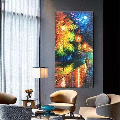 Modern Abstract 3d Oil Painting Canvas Handmade Wall Art Rain Night Street View Hand Painted Home Living Room Decor Paintings