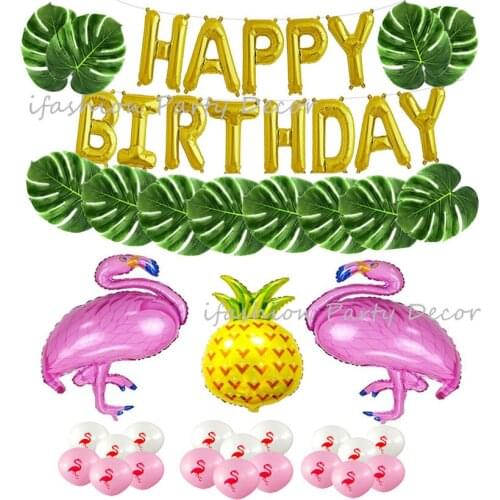Birthday Party Supplies Hawaiian Decorations 16" Gold Foil Happy Birthday Balloon Tropical Palm Monsetera Leaf Flamingo Balloon