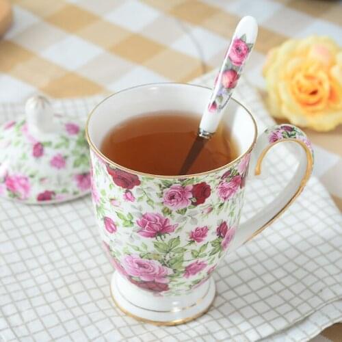 Top grade ceramic cup with cover and spoon Mug European Garden Coffee Cup Gift Box wedding gift