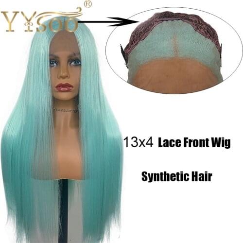 YYsoo Long Blue Silky Straight Synthetic Lace Front Wigs For Women13x4 Glueless Kanekalon Fiber Half Hand Tied Cosplay Blue Wig
