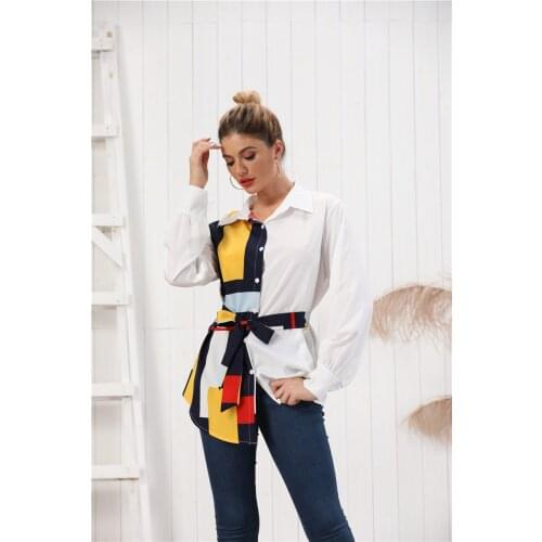 Neatie kiddie Autumn Winter Print Patchwork Fashion Shirt Single Breasted Long Sleeve Turn-down Collar Tie-up Blouse Female