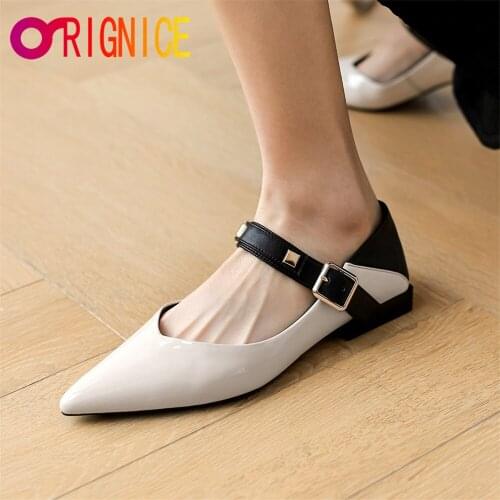 Orignice New Brand Women Genuine Leather Mixed Colors Flat Fashion Rivet Sexy Pointed Toe Buckle Casual Loafers Outdoor Shoes