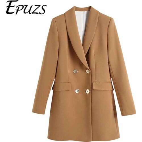 Women Blazer Coat Double Breasted Blazer Vintage Long Sleeve Pocket Solid Color Female Outerwear Chic Women Suit Jacket