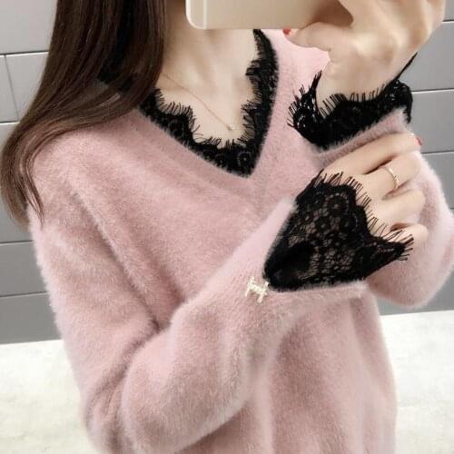 Womens Sweater Fashion V-neck Lace Sweaters Autumn And Winter Imitation Mink Velvet Pullovers Loose Knitting Jumper Femme Tops