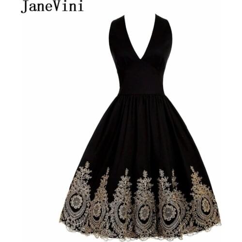 JaneVini 2018 Short Homecoming Dresses Sexy Deep V Neck Gold Lace Appliques Satin Knee Length A Line Bridesmaid Dress Plus Size