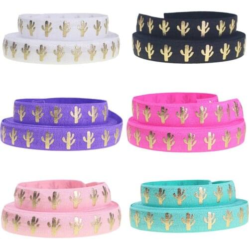 100YARDS/lot 1.5CM Gold Foil Cactus Printed elastic band knotted yoga hair band DIY HAIR TIES Fold Over Elastic