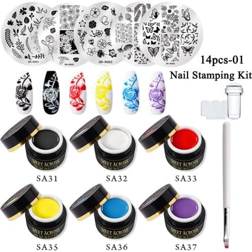 MEET ACROSS Nail Stamping Gel Polish Printing 12PCS 14PCS Flower Stamp Print Oil UV Gel For Nail Art Stamping Plates Palette Set