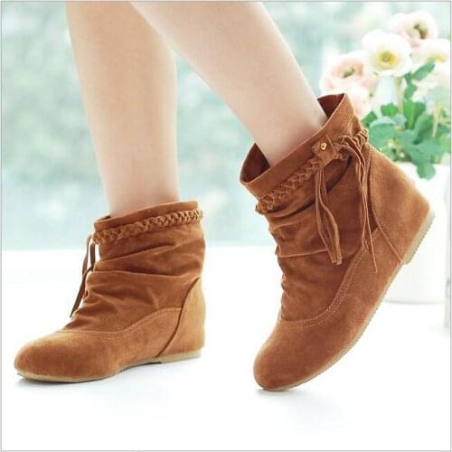2016 Big Size 34-44 fashion Women Boots Faux Suede-Leather Inner Heels Ankle Boots mujer Tassel Slip On Woman Shoes k626