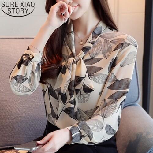2021 Floral Long Sleeve Chiffon Shirt Elegant Bow Print Shirts Women Button Cardigan Autumn Women Office Ladies Tops 10748
