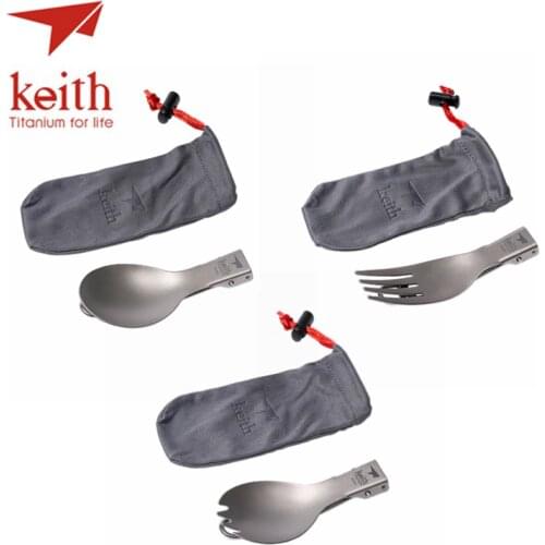 Keith 3 In 1 Titanium Folding Spoon Fork Spork Cutlery Sets With Flannel Bags Camping Cutlery Outdoor Tableware Set 3Pcs