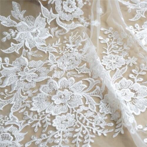 Ivory Large Beaded Floral Heavy Handmade Sequins pearls lace trimming DIY wedding dress Bridal Gown Clothing Accessories
