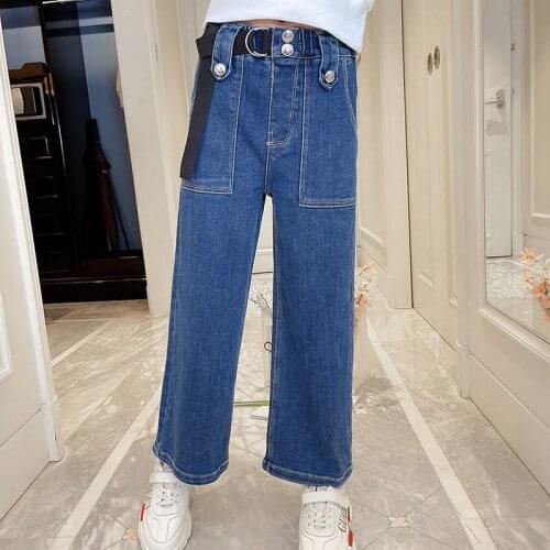 Spring Autumn New Arrivals Kids Straight Jeans Pocket Denim Pants with Button Belt Girls Clothes Children Elastic Waist Trousers