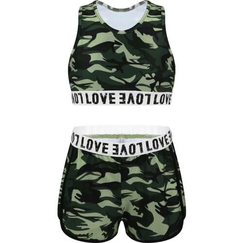 Kid Girls Sportwear Dance Gym Workout Athletic Outfit Sport Suit Printed Sleeveless Racer Back Tanks Crop Top with Bottoms Set