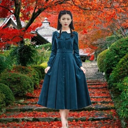French retro spring and Autumn New Literature and art academy style womens doll collar corduroy long sleeve dress wholesale