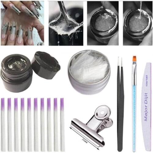 Portable Nail Tool Glass Fiber Nail Extension Fiberglass Gel Tweezers Clips Brush Pen Polish Set New product