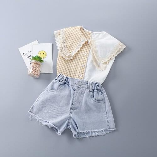 2-7 Year High Quality Summer Girl Clothing Set 2021 New Fashion Casual Patchwork Shirt + Denim Pants Kid Children Girls Clothing