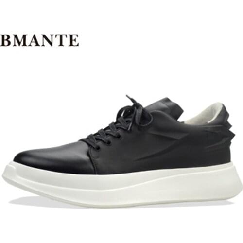 Bmante Men Shoes Genuine Leather Lace-Up Solid White Trainers Male Adult Sneakers Basic Casual Flats Spring Black Shoes Hip Hop