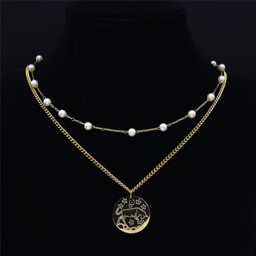 2pcs 12 Constellations Stainless Steel Taurus Necklace Women Gold Color Pearls Astrology Jewelry signe astrologique N9200S04