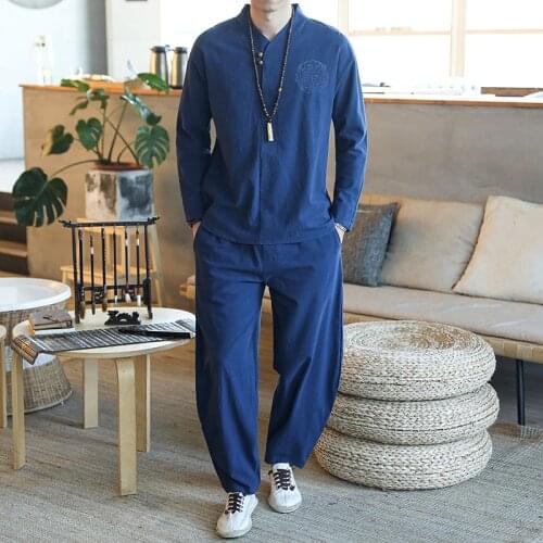 Jacket+ trousers) 2021 spring Chinese Style men jacket Cotton and linen jackets autumn mens High quality casual coat M-5XL