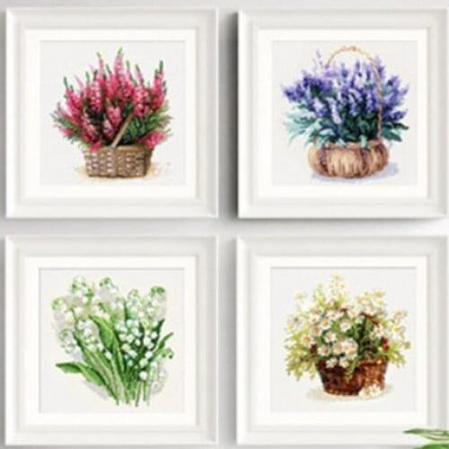 Scottish Heather cross stitch kit red flowers in basket design cotton thread14ct 11ct print canvas embroidery DIY lavender