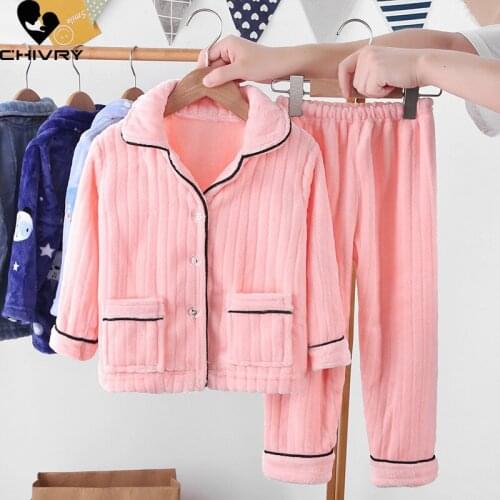 New 2021 Kids Boys Girls Autumn Winter Soft Flannel Pajama Sets Solid Long Sleeve Lapel Tops with Pants Sleeping Clothing Sets