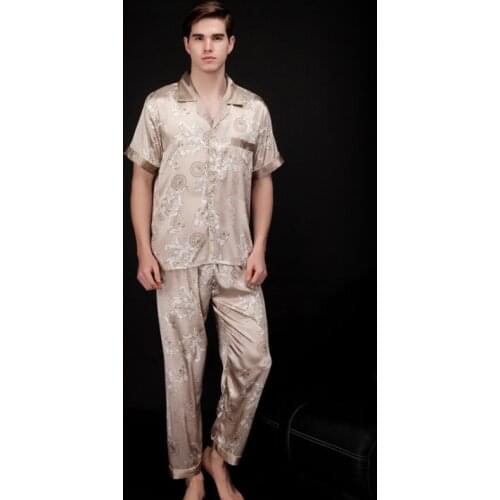 2021 New Mens Short Sleeve Trousers Pajamas Two Piece Suit Spring Printed Silky Stain Home Clothes Male Sleepwear Pijama Hombre