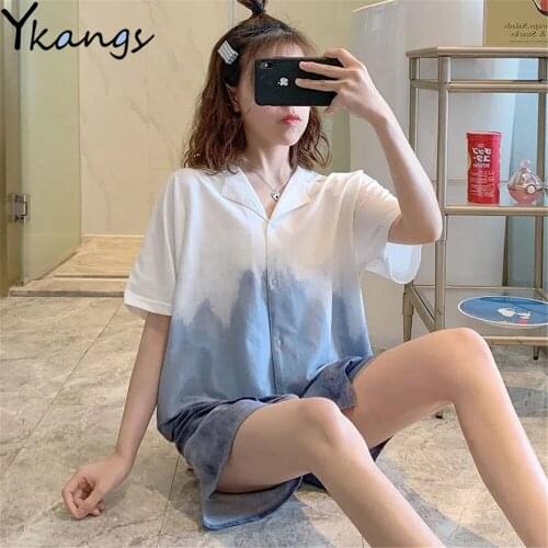 Blue Gradient Color Sleepwear New Pajamas For Women Hight Quality Summer Cardigan Tops With Shorts 2 Piece Pijama Set Fashion