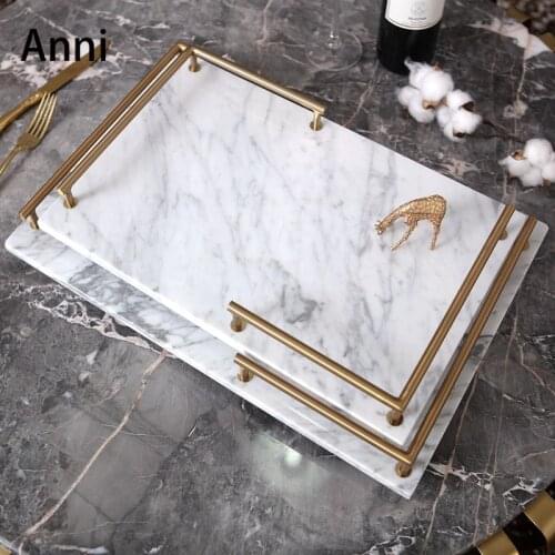 Natural Marble Trays Decorative European Luxurious Golden Handle Serving Tray Classical Decorations for Living Room Home Decor