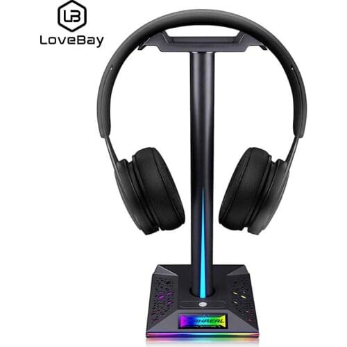 LOVEBAY RGB Headphone Stand Fingerprint Control RGB Gaming Headset Desk Bracket Phone Holder with 3.5mm AUX 2 USB Charger Ports
