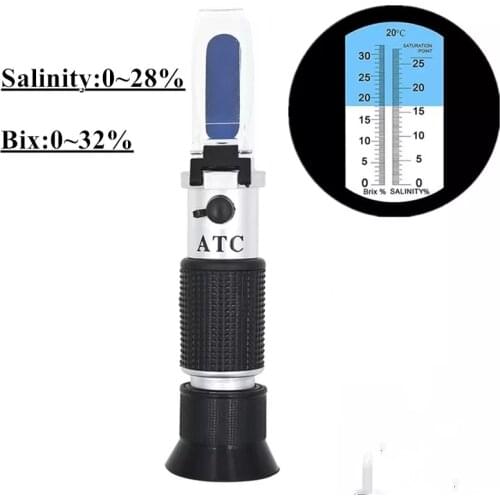 Hand Held Brix/Salt Refractometer with ATC for brine fruit Beer, Dual Scale(2 in 1 Brix 0-32%, Salt 0-28%)