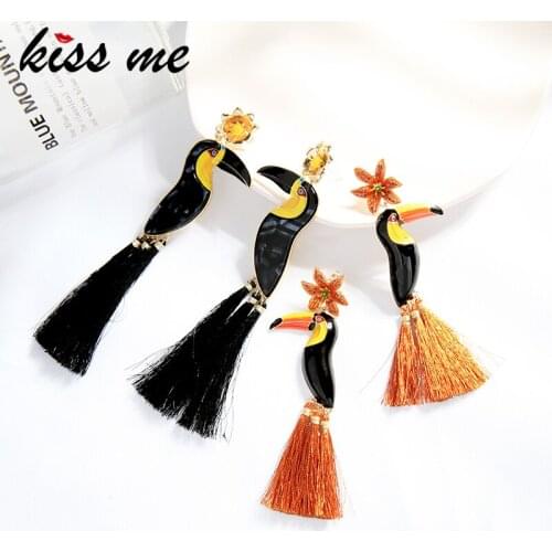 Kissme Bohemia Style Hyperbole Toucan Drop Earrings For Women Multicolor Enamel Animal Black Red Cotton Thread Tassel Earrings