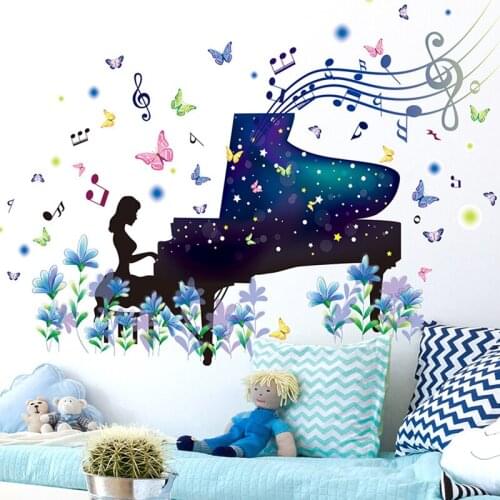 [SHIJUEHEZI] Cartoon Girl Wall Stickers DIY Piano Papillon Mural Decals for Music Classroom Kids Bedroom Living Room Decoration