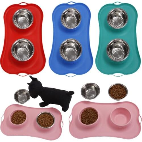 Silicon Mat dog pet double bowl non-slip pet feeding bowl Pet Dogs Double Bowl Stainless Steel with hook