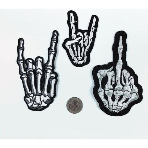 Skull Cloth Patches American Punk Style Bone Corna Rock Gesture Evil Fingers Devil Horns Gum Iron on Embroidery Clothing Patch
