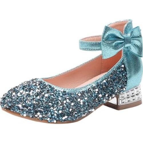 New Children Crystal High Heels Girls Bling Bow Princess Shoes Student Party Dance Wedding Kids Leather Shoes Toddler 041