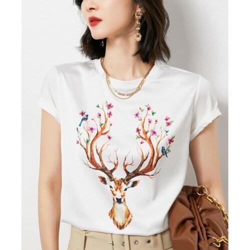 High Quality Silk Women Soft Satin Casual T Shirt Short Sleeve O-Neck Animal Floral Print Top Camiseta Mujer 2021