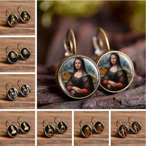Fashion Bronze Color Punk Style Earrings Da Vinci Oil Painting Mona Lisas Smile Stud Earrings Glass Cabochon Jewelry for Women