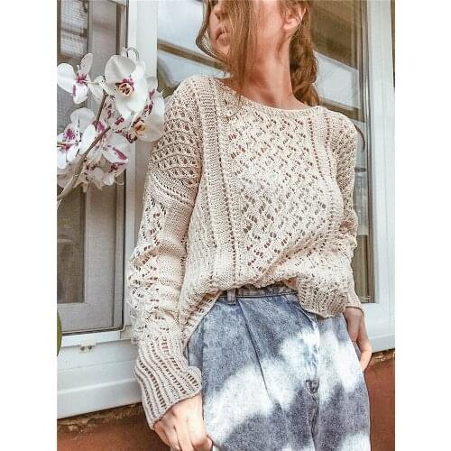 Spring Autumn Women Casual Long-Sleeves Hollow Out Knitwear Sweater Fashion Casual Loose Solid Color Round Neck Pullover Top