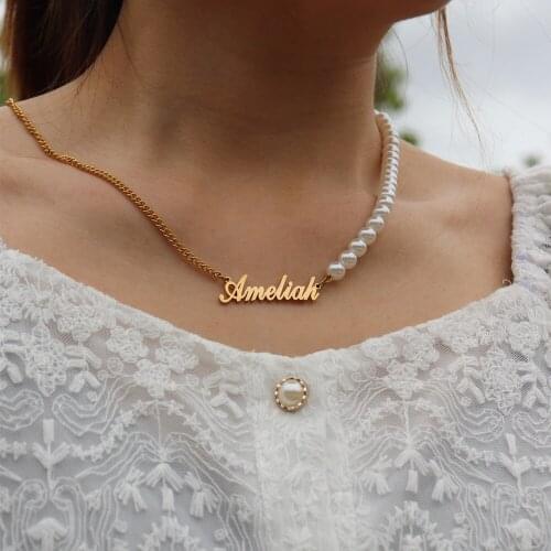 Pearl Choker Necklace Personalized Jewelry Custom Name Pendant Necklaces For Women Stainless Steel Curb Chain Collier Femme Gift