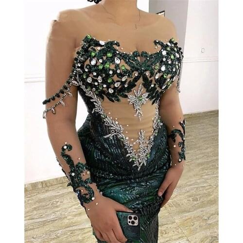 2021 Aso Ebi Sheer Neck Beaded Prom Gowns Robe De Soiree Elegant African Green Lace Appliqued Mermaid Evening Dresses Robe De
