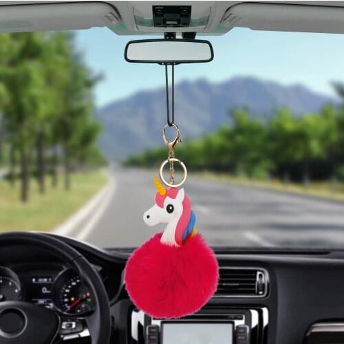 Car Pendant Cute Fluffy Unicorn Automobiles Rearview Mirror Artificial Fur Ball Decoration Hanging Suspension Ornaments Gifts