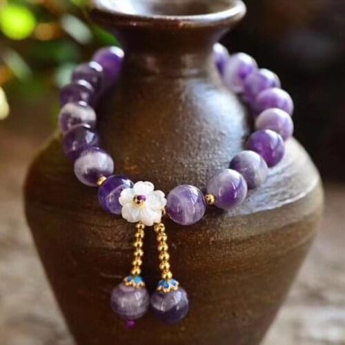 Drop Shipping Natural Amethysts Energy Stone Bracelet Purple Charoite Shell Flower Bead Bangle Quartz Crystal Jewelry Love Gift