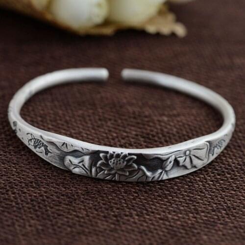 FNJ 990 Silver Bangles for Women Jewelry 100% Original S990 Sterling silver Bangle Romantic Flower Lover