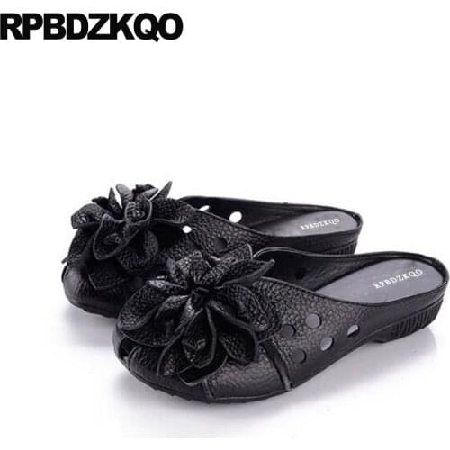 Flower Black Women Slippers Floral Retro Sandals Traditional Chinese Shoes Elderly Hollow Out Slides Mules Breathable Handmade