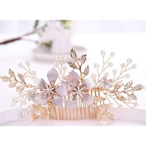 New Design Gold Crystal Simulated Pearl Decoration Leaves Flower Bridal Hair Combs for Bride Noiva Wedding Veil Hair Accessories