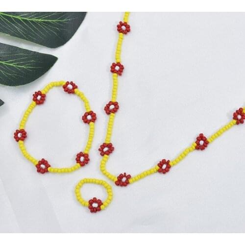 Cute Acrylic Beads Strand Necklace Bracelet Ring Sets Girl String Beaded Short Choker Necklace Summer Holiday Party Jewelry Gift